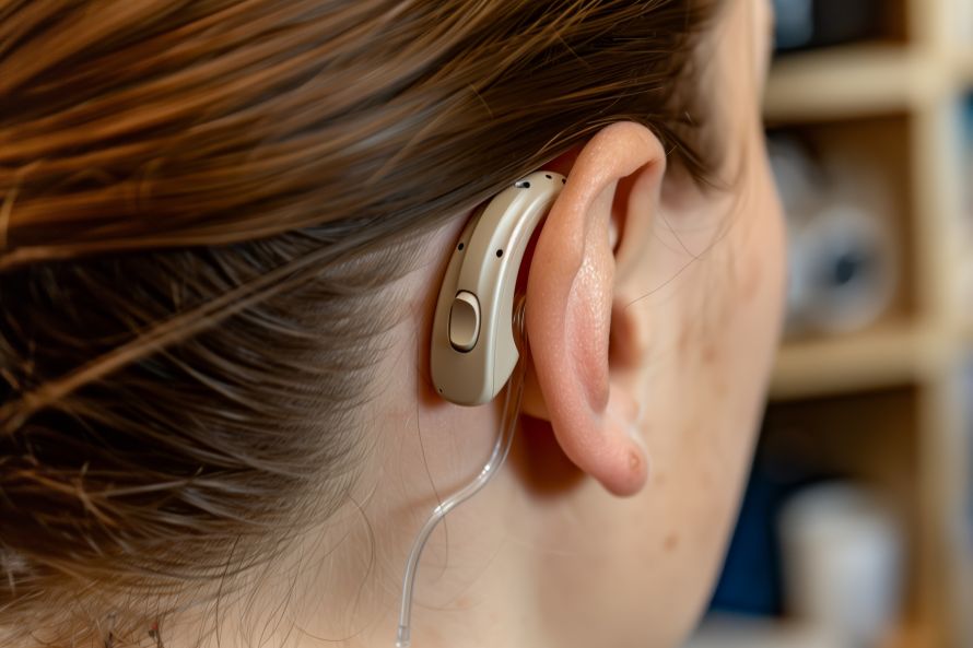 Frau mit Hörgerät hinter dem Ohr